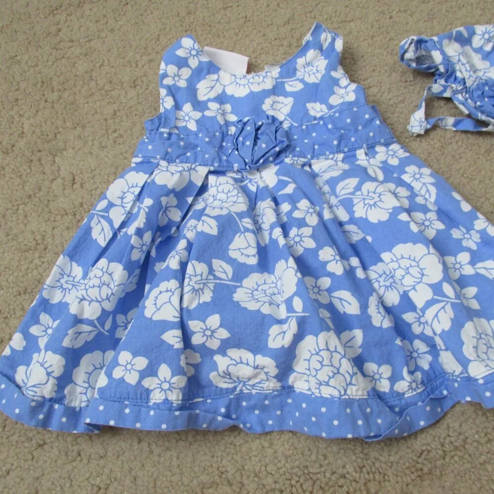Younghearts 3 Pc Sleeveless Dress Hat Bloomer Outfit Girls 12M Blue White Floral